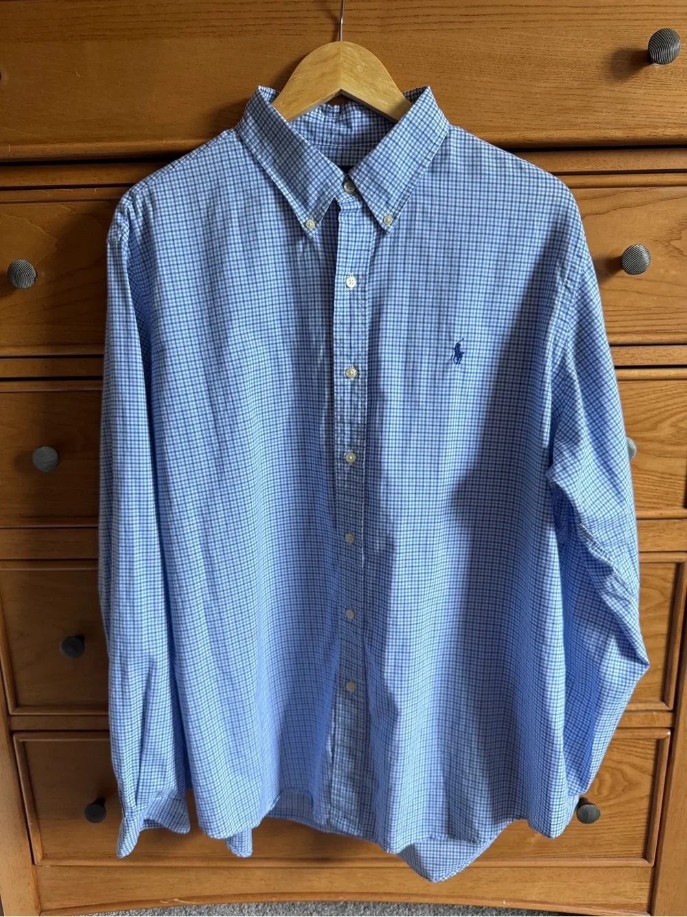 Ralph Lauren Mens Light Blue Button Down Checkered Shirt Size XL 100% Cotton